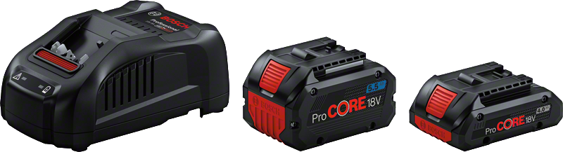 Coffret de démarrage Bosch ProCORE18V avec chargeur et deux batteries.