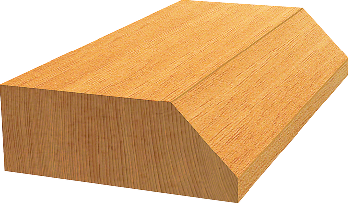 Bloc de bois rectangulaire avec un bord incliné, montrant une coupe biseautée.