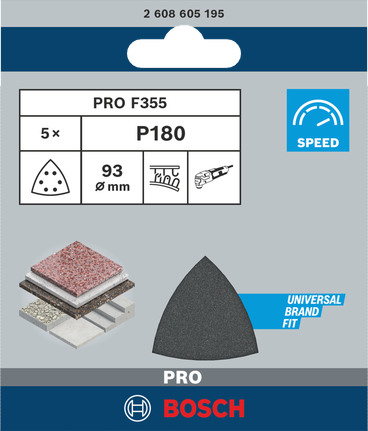 Feuilles abrasives Bosch PRO F355 93 mm P180 5 pièces.