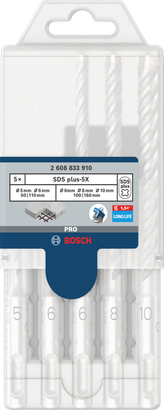 Coffret de forets pour marteau perforateur Bosch PRO SDS plus-5X 5/6/6/8/10 mm.
