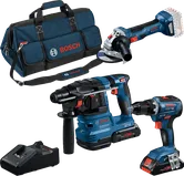 Ensemble combiné Bosch 18V avec perceuse, marteau perforateur, meuleuse d'angle, chargeur et sac.