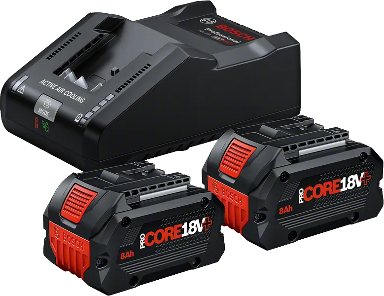 Chargeur Bosch GAL 18V-160 avec deux batteries ProCORE18V+ 8Ah.