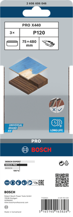 Bande abrasive Bosch PRO X440 75 × 480 mm G120, 3 pièces.