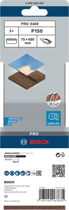 Bande abrasive Bosch PRO X440 75 × 480 mm G150, 3 pièces.