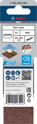 Bande abrasive Bosch PRO X440 40 × 305 mm G60, 3 pièces.