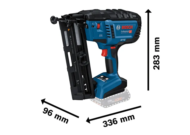 Cloueuse de finition sans fil Bosch GNH 18V-64-2 M avec dimensions.