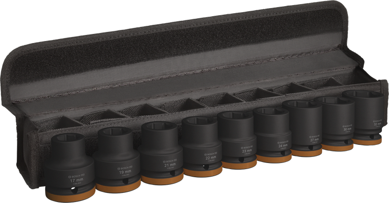 Jeu de douilles à chocs Bosch PRO 3/4 pouce, 9 pièces dans un coffret.