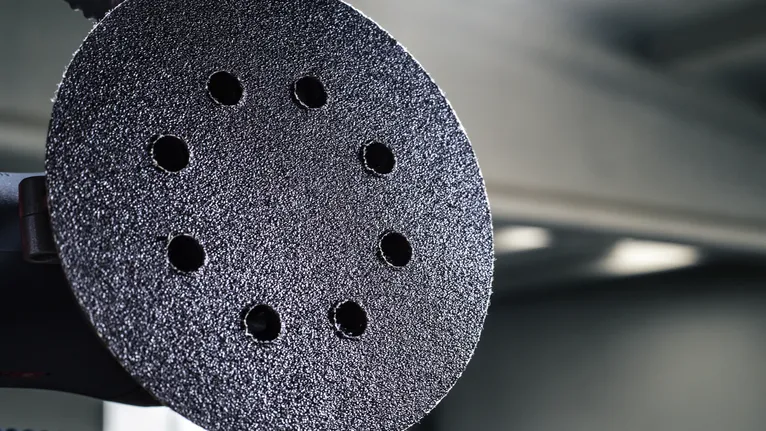 Gros plan d'un patin de ponçage circulaire avec plusieurs trous sur un arrière-plan d'atelier flou.