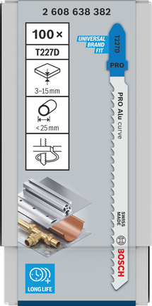 Lames de scie sauteuse Bosch PRO Alu curve T227D 100× 3–15 mm 3/8–1/2″.