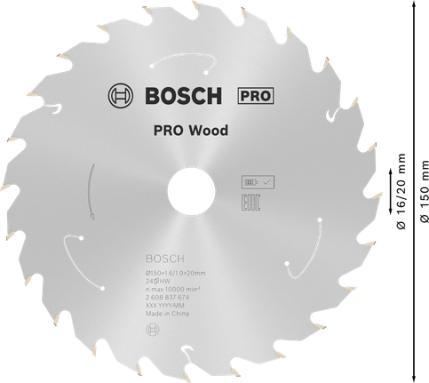 Lame de scie circulaire Bosch PRO Wood 150 mm T24 pour scies sans fil.
