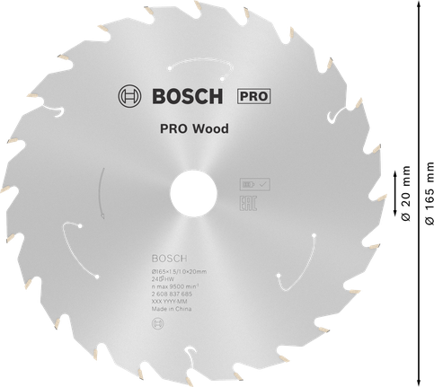 Lame de scie circulaire Bosch PRO Wood 165 mm T24 pour scies sans fil.