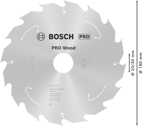 Lame de scie circulaire Bosch PRO Wood 190 mm T16 pour scies sans fil.