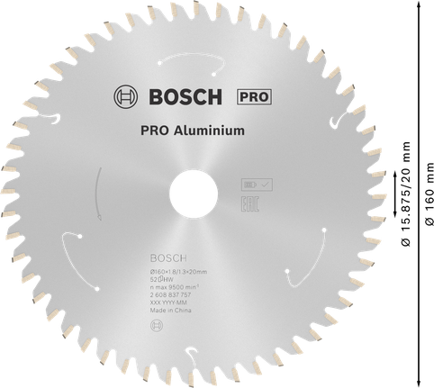 Lame de scie circulaire Bosch PRO Aluminium, 160 mm 52 dents.