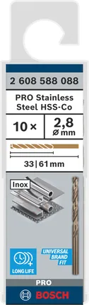 Pack de forets Bosch PRO en acier inoxydable HSS-Co de 2,8 mm.