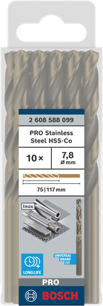 Foret hélicoïdal Bosch PRO en acier inoxydable HSS-Co, paquet de 7,8 mm.