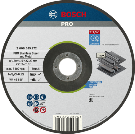 Disque à tronçonner Bosch PRO pour acier inoxydable et métal, 180 mm.
