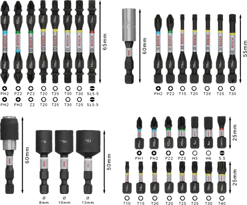 Jeu d'embouts de tournevis à chocs Bosch PRO 35 pièces, code couleur.