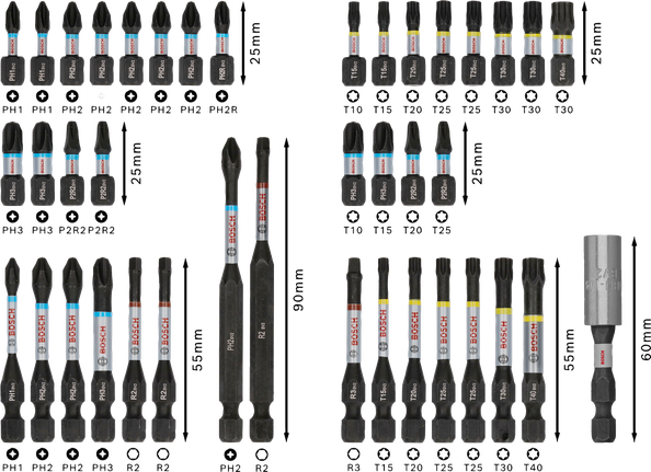 Jeu d'embouts de tournevis à chocs Bosch PRO 44 pièces de tailles assorties.