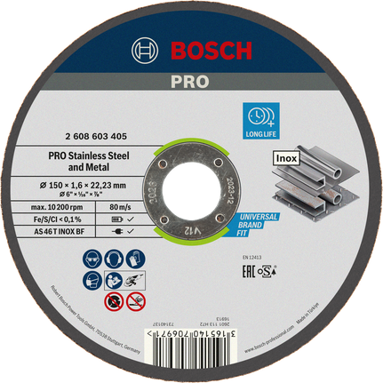 Disque à tronçonner Bosch PRO pour acier inoxydable et métal 150 mm.