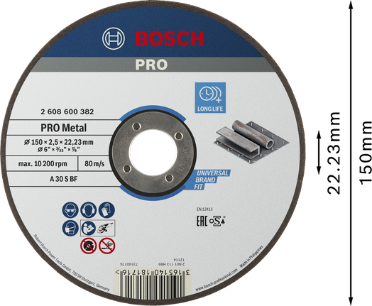 Disque à tronçonner à liant métallique Bosch PRO, 150 x 2,5 x 22,23 mm.