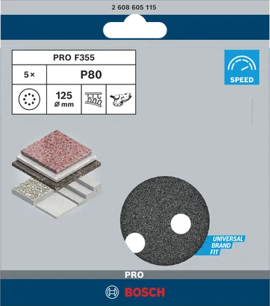 Disques abrasifs Bosch PRO F355 125 mm P80 5 pièces.