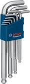Jeu de clés hexagonales Bosch avec neuf clés Allen dans un support.
