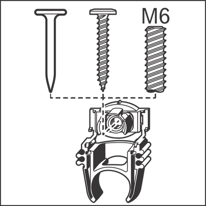 Une personne tient un support de montage montrant les options de fixation par clou, vis ou boulon M6.