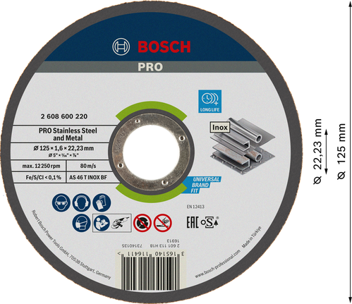 Disque à tronçonner Bosch PRO pour acier inoxydable et métal, 125 mm.