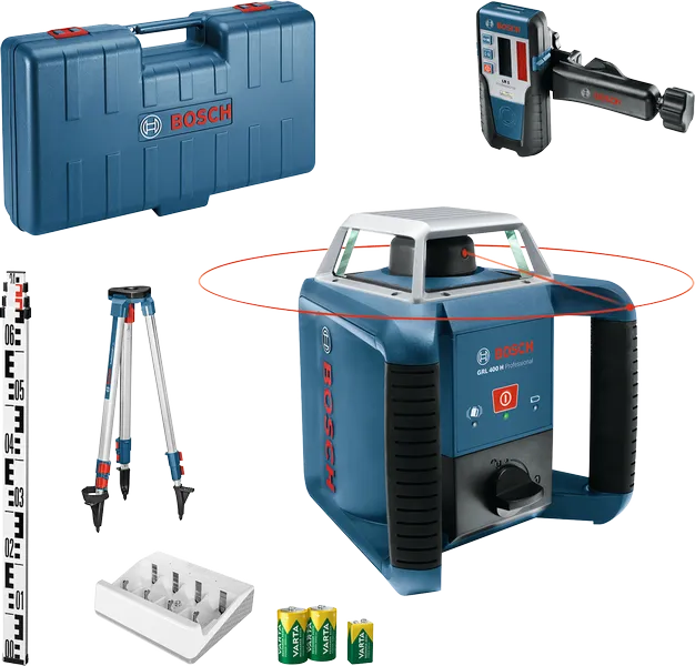 Ensemble d'outils de nivellement laser Bosch GRL 400 H avec trépied.