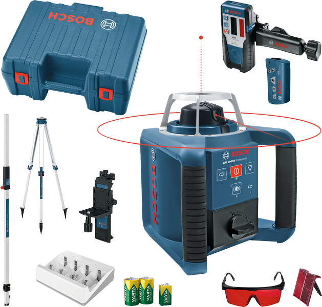 Outil de nivellement laser Bosch GRL 300 HV avec trépied et accessoires.