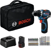 Coffret perceuse sans fil Bosch GSR 12V-32 avec accessoires.