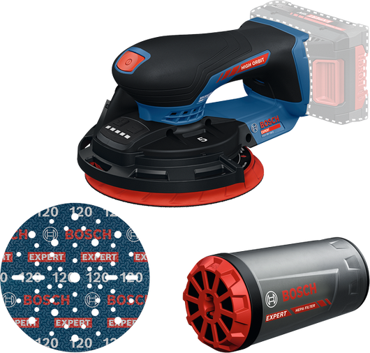 Ponceuse Bosch EXEX18V-150-5 avec disque de ponçage et filtre HEPA.