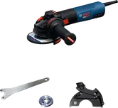 Meuleuse d'angle Bosch EXWS20-125SB avec poignée et accessoires.