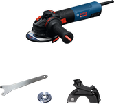 Meuleuse d'angle Bosch EXWS20-125SB avec poignée et accessoires.