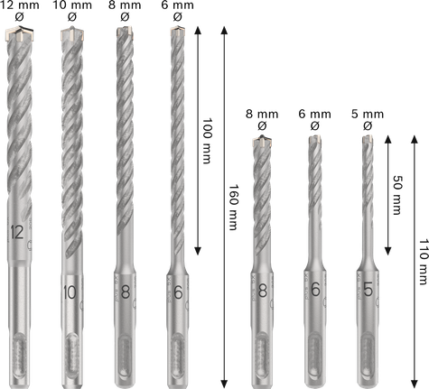 Coffret de 7 forets pour marteau perforateur Bosch PRO SDS plus-5X, tailles assorties.