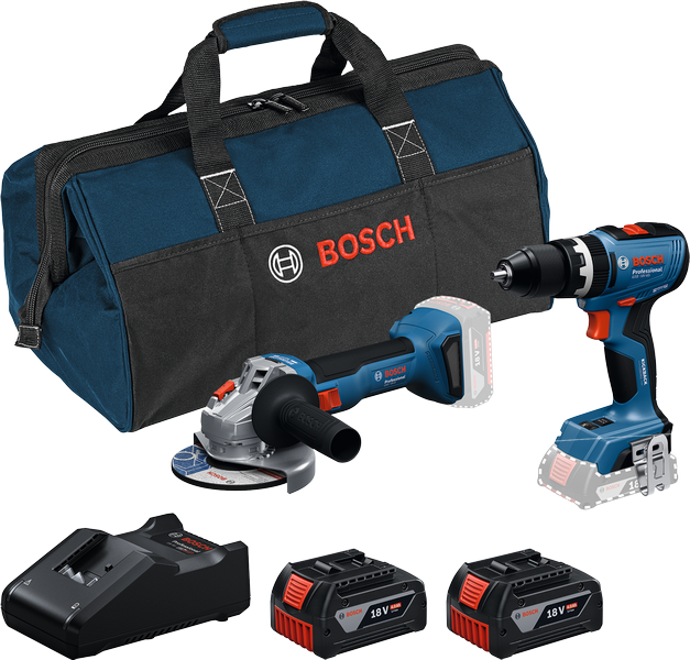 Coffret d'outils Bosch GSB 18V-65 et GWS 18V-8 avec batteries.