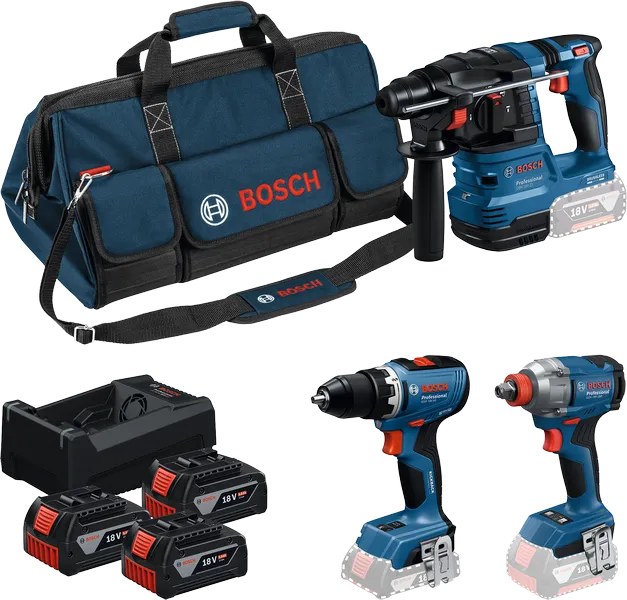 Coffret d'outils Bosch 18V 3 avec perceuse, visseuse à percussion et marteau perforateur.