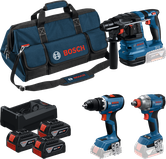 Coffret d'outils Bosch 18V 3 avec perceuse, visseuse à percussion et marteau perforateur.