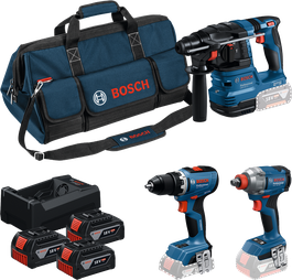 Coffret d'outils Bosch 18V 3 avec perceuse, visseuse à percussion et marteau perforateur.