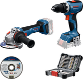 Kit combiné Bosch GSR 18V-65 et GWS 18V-11 avec embouts et disque de coupe.