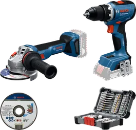 Kit combiné Bosch GSR 18V-65 et GWS 18V-11 avec embouts et disque de coupe.