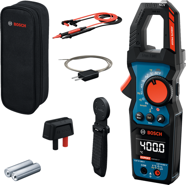 Ensemble de pinces ampèremétriques Bosch EXMC600-17 avec accessoires.