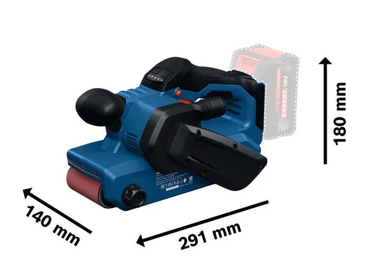 Ponceuse à bande Bosch GBS18V-75 d'une longueur de 291 mm.