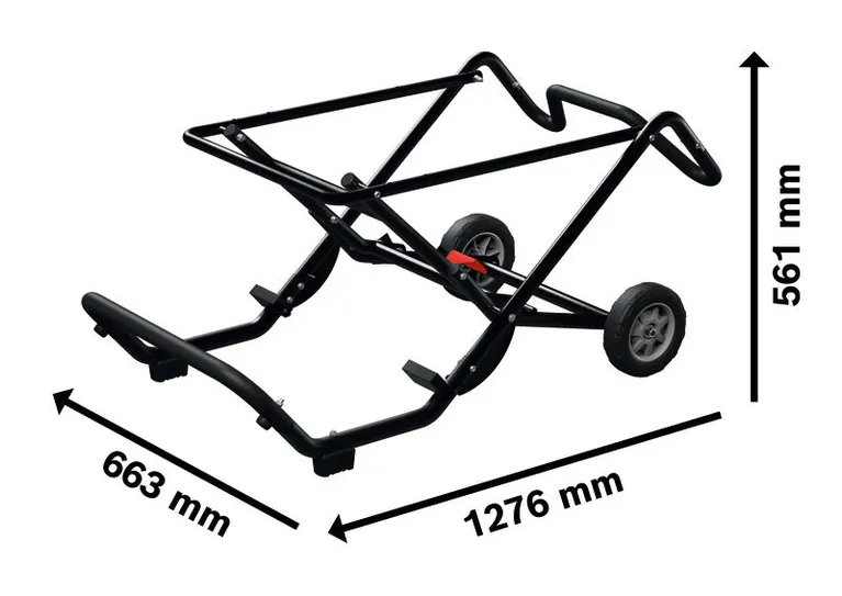 Support de scie Bosch GTA50W avec roues et dimensions.