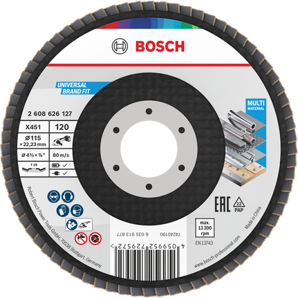 Disque à lamelles Bosch X451 115mm G120 pour multi-matériaux.