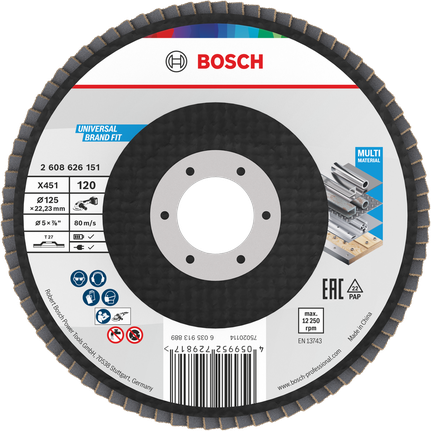 Disque à lamelles Bosch X451 125 mm G120 pour le meulage multi-matériaux.