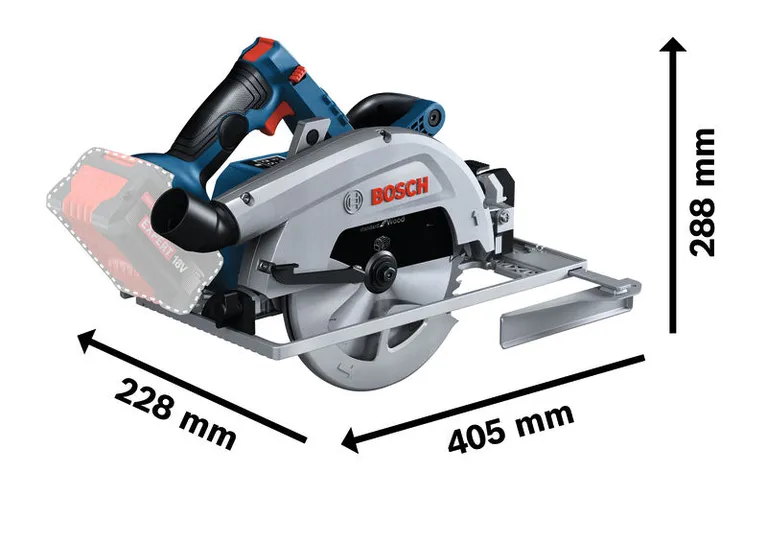 Scie circulaire Bosch GKS 18V-68G avec marquages dimensionnels.