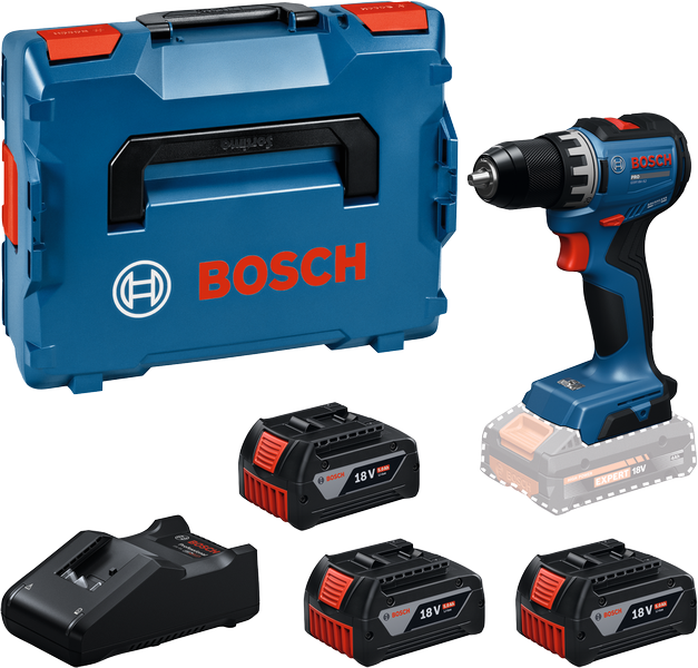 Ensemble perceuse sans fil Bosch GSR18V-52 avec coffret et batteries.