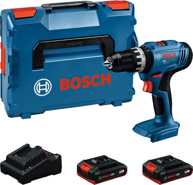 Ensemble perceuse sans fil Bosch GSB 18V-25 avec coffret et batteries.