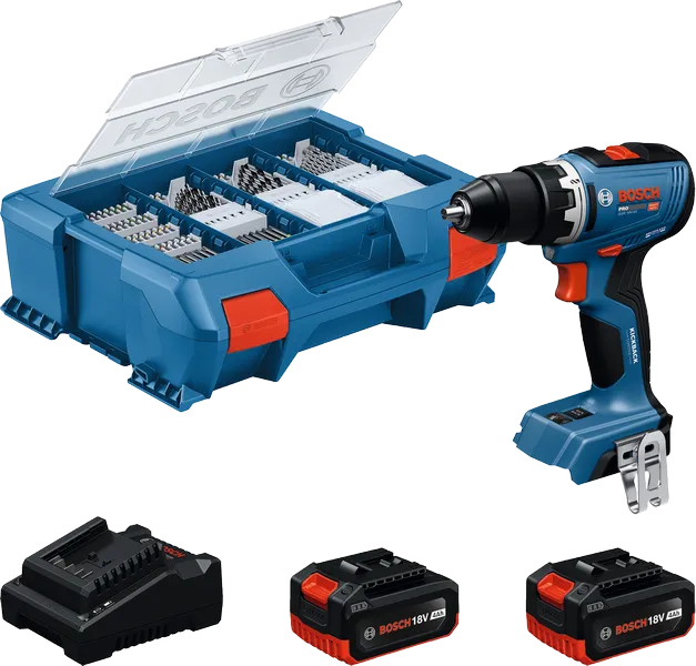 Ensemble perceuse sans fil Bosch GSR 18V-65 avec batteries et chargeur.